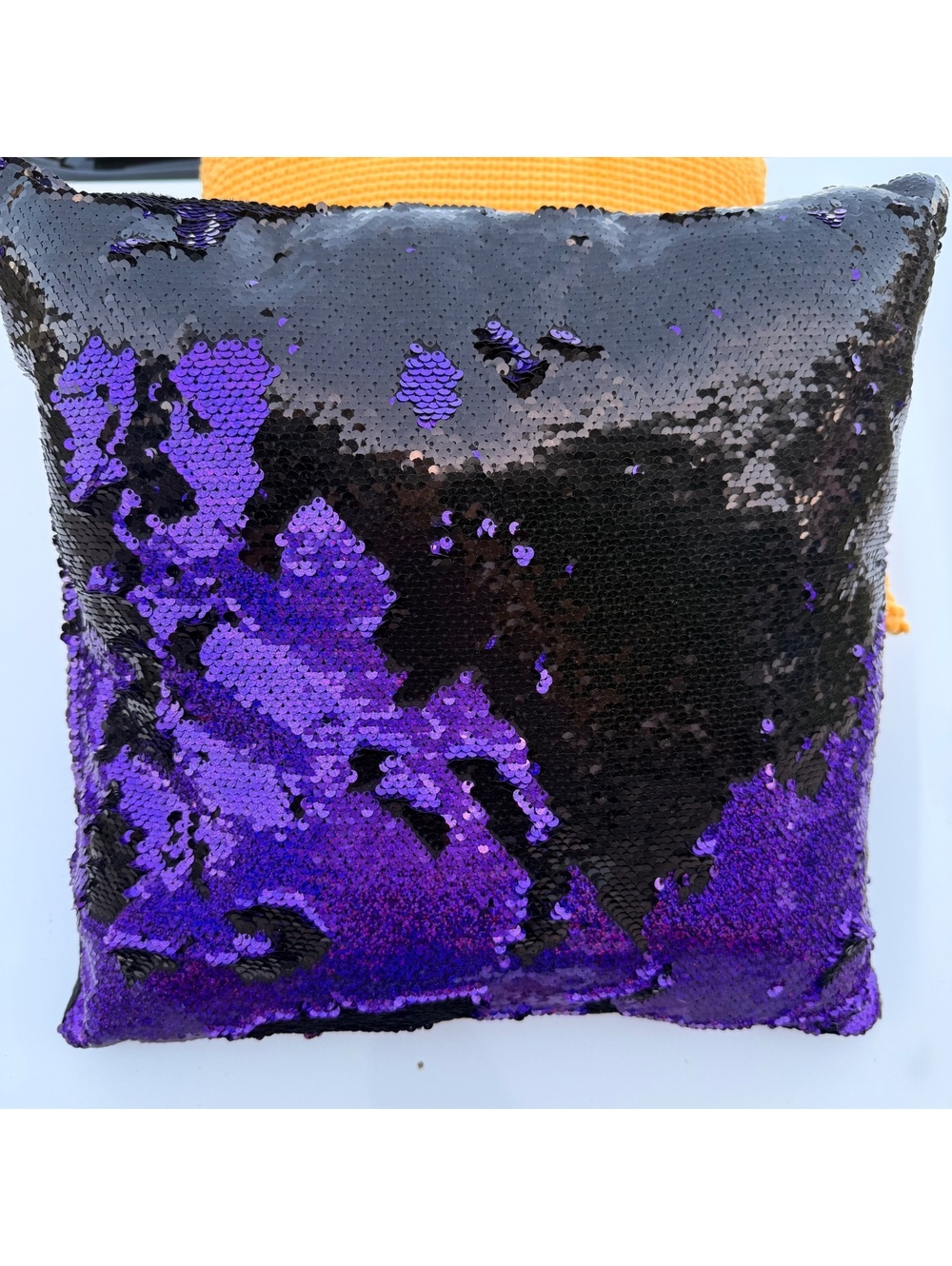 Used Orange, Purple and Black Reversible Sequin Throw Pillow Gray Back